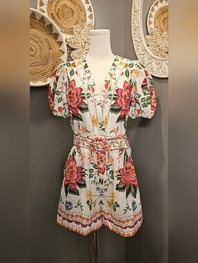 Caroline Constas Luxury Linen-Blend Belted Floral Romper – Size 8